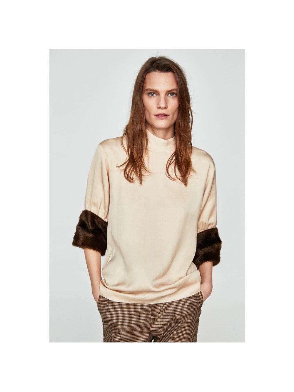 Zara Beige Mock Neck Top with Dark Brown Fur Cuffs